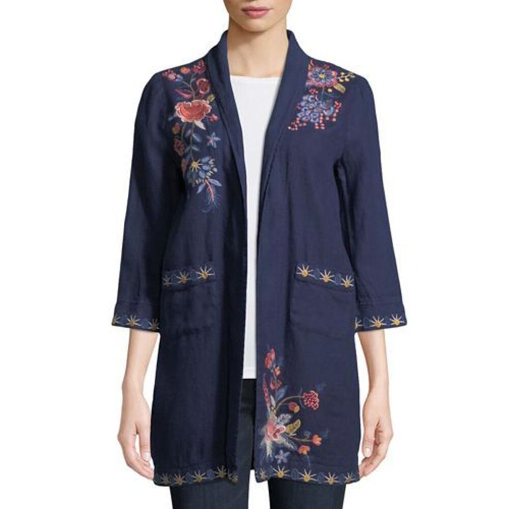 Johnny Was Women Cardigan Tivva Linen Embroidered Floral 3/4 Sleeve Navy Size 1X